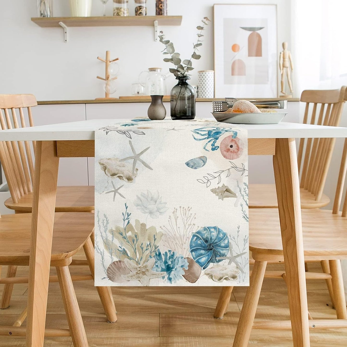 13x60 Inch PROCIDA Blue Beach Table Runner Tropical Ocean Coastal Table Runners Seashell Burlap Seasonal Nautical