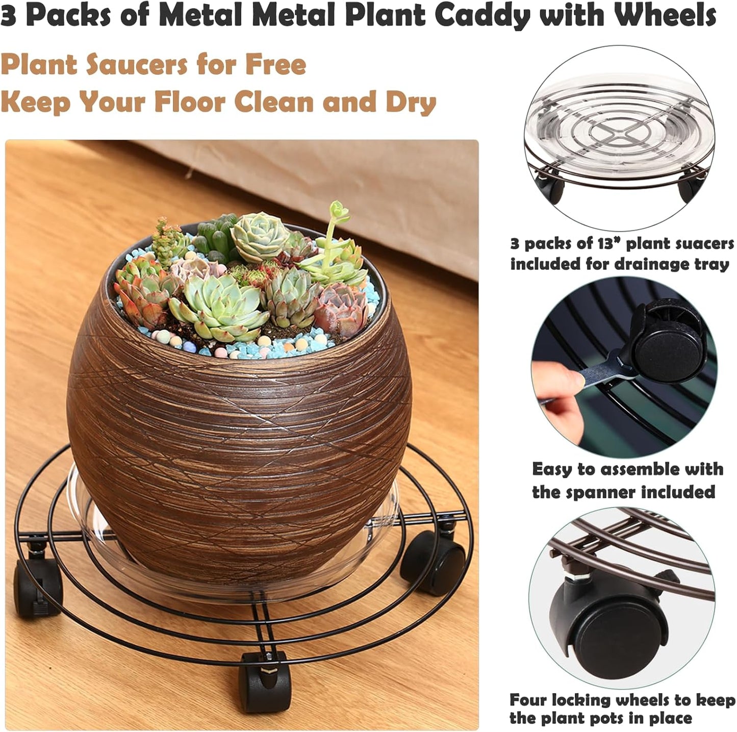 3 Packs 13" Large Metal Plant Caddy with Wheels Heavy-duty Wrought Iron Rolling Plant Stands with Casters Plant Dolly