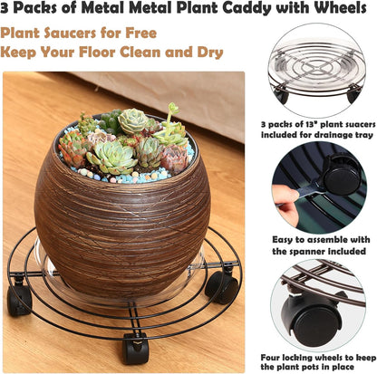 3 Packs 13" Large Metal Plant Caddy with Wheels Heavy-duty Wrought Iron Rolling Plant Stands with Casters Plant Dolly