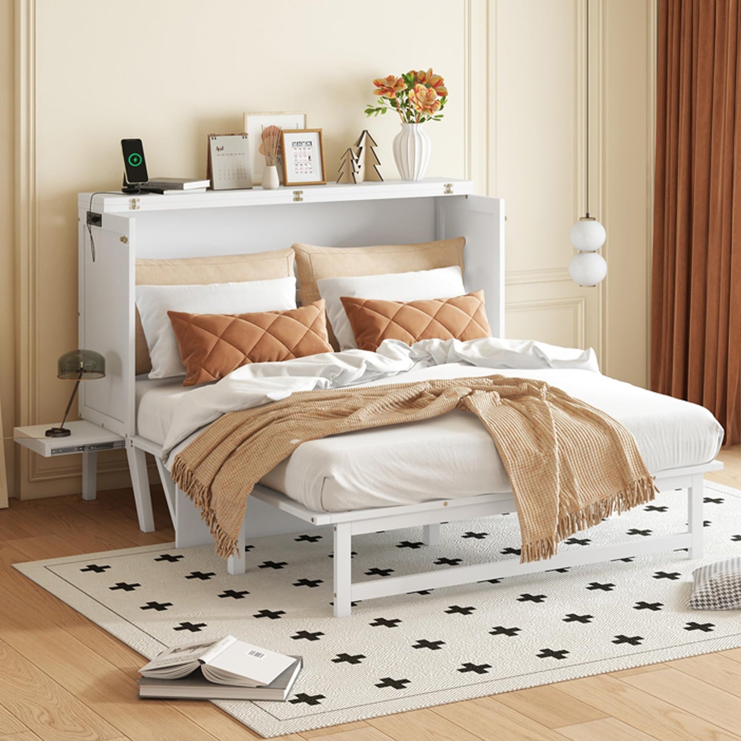Queen Size Murphy Bed Cabinet with Charging Station,Mobile Cabinet Bed Murphy Chest Bed,Cabinet Bed Queen with Removable Shelves,Space Saving Murphy Bed for Bedroom,Guest Room,Office,White
