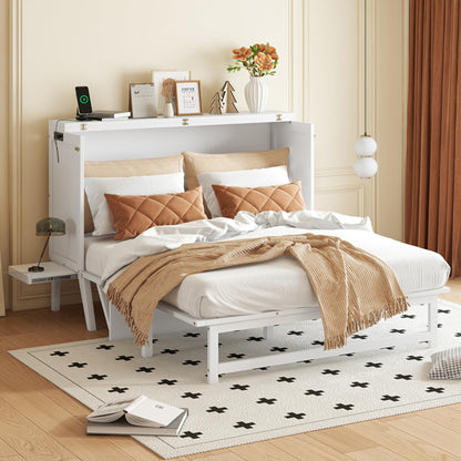 Queen Size Murphy Bed Cabinet with Charging Station,Mobile Cabinet Bed Murphy Chest Bed,Cabinet Bed Queen with Removable Shelves,Space Saving Murphy Bed for Bedroom,Guest Room,Office,White