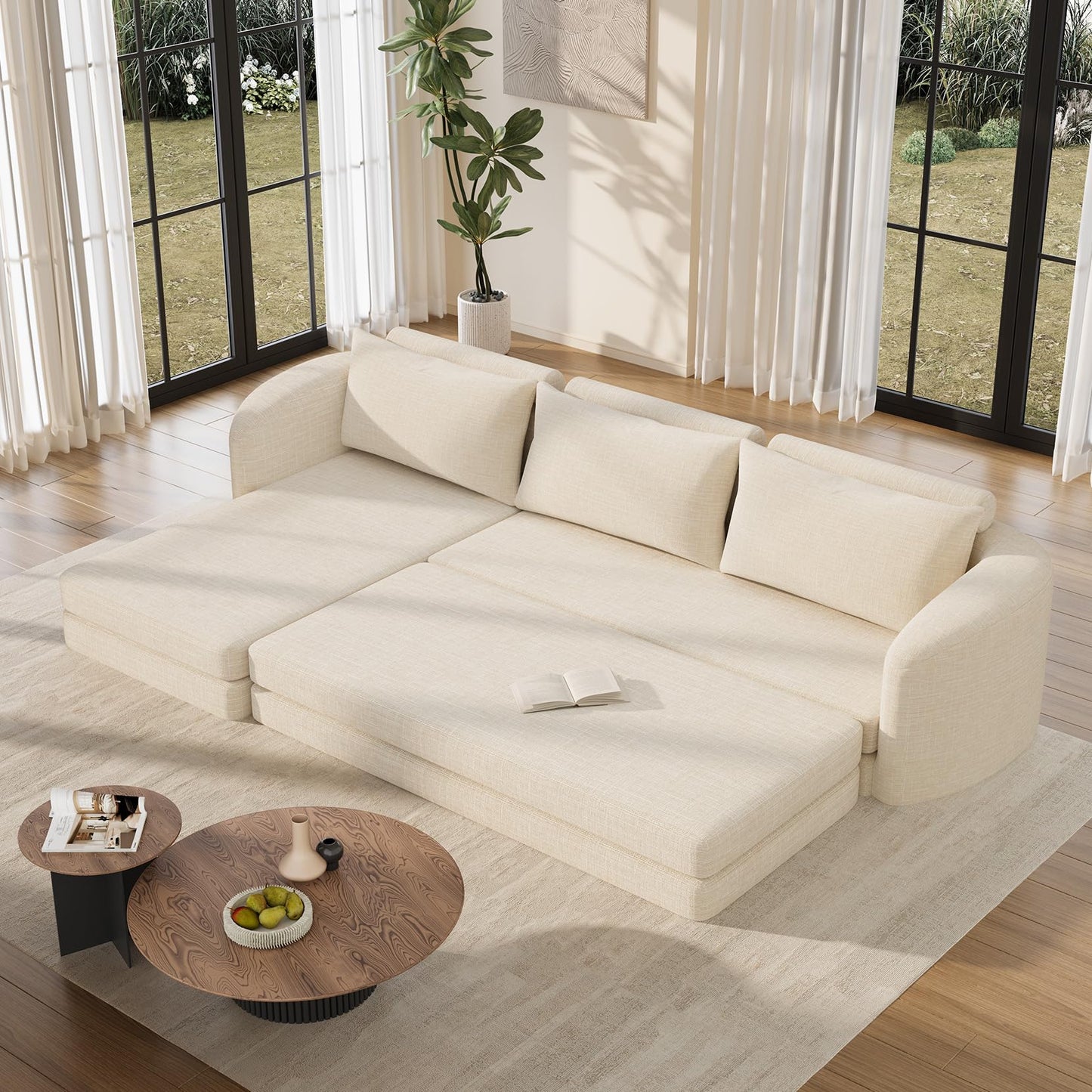 Vesgantti 6 in 1 Convertible Folding Sleeper Sofa Bed, 110.2" Modular Sectional Sofa with Curved Armrest, Chenille Boneless Couch for Living Room, No Assembly Required, Beige, Left Facing Chaise