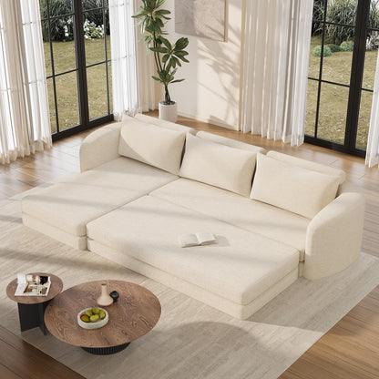 Vesgantti 6 in 1 Convertible Folding Sleeper Sofa Bed, 110.2" Modular Sectional Sofa with Curved Armrest, Chenille Boneless Couch for Living Room, No Assembly Required, Beige, Left Facing Chaise