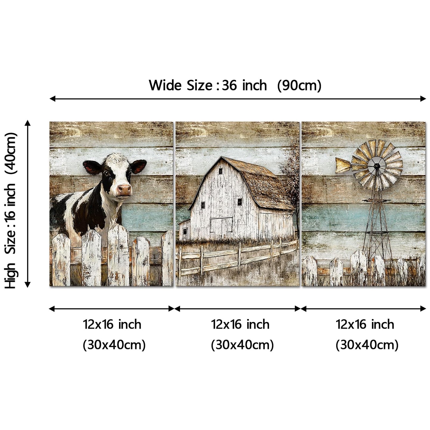 YeiLnm Rusty Windmill Barn Home Decor Cow Wood Canvas Farmhouse Wall Art 12x16 Inch