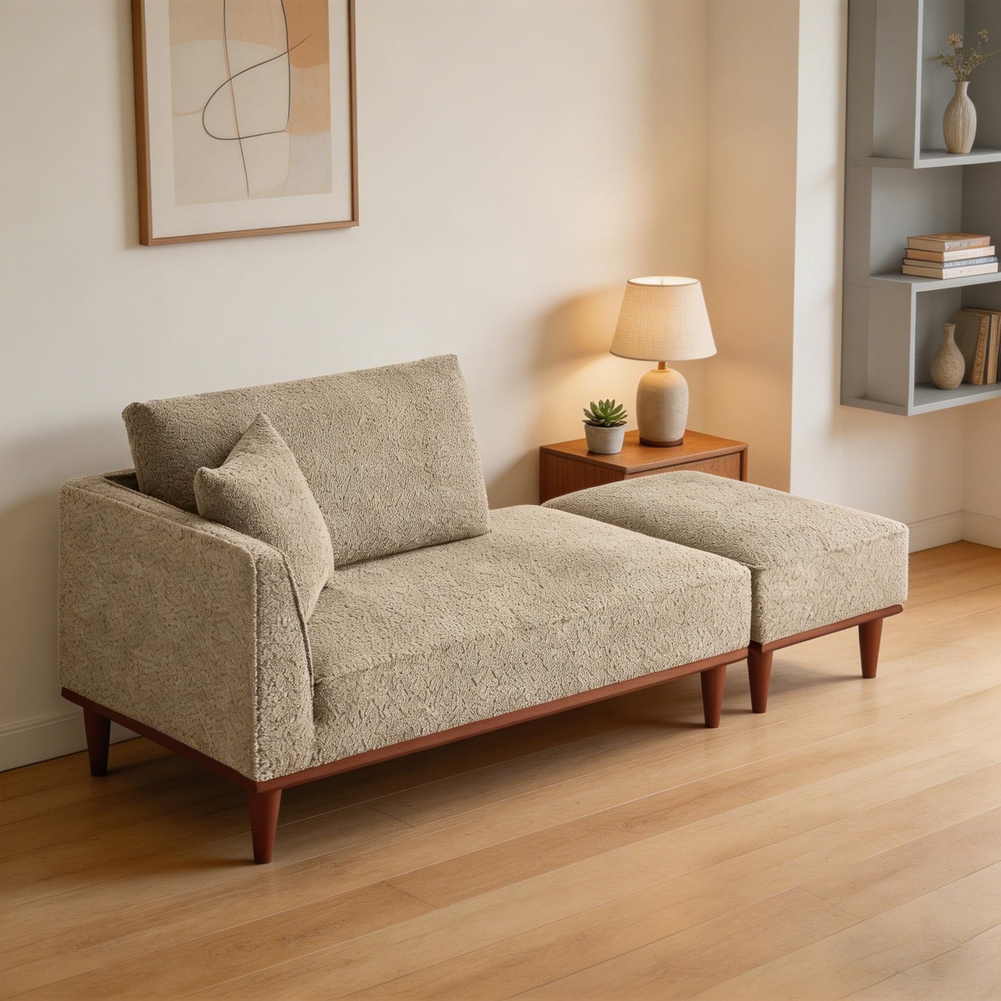 ERYE Right Facing Boucle Upholstered Chaise Lounge with Ottoman and Wooden Accent, Modern Minimalist Chaise Lounge Single Leisure Recliner Daybed for Living Room Bedroom