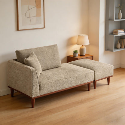 ERYE Right Facing Boucle Upholstered Chaise Lounge with Ottoman and Wooden Accent, Modern Minimalist Chaise Lounge Single Leisure Recliner Daybed for Living Room Bedroom