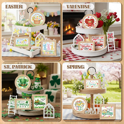 GlikCeil 95 Pcs Interchangeable All Season Tiered Tray Decor Set Summer Hawaii 4th of July Decorations Wooden Frames Ladders with Season Cards Bows for Independence Day Holiday Kitchen Home