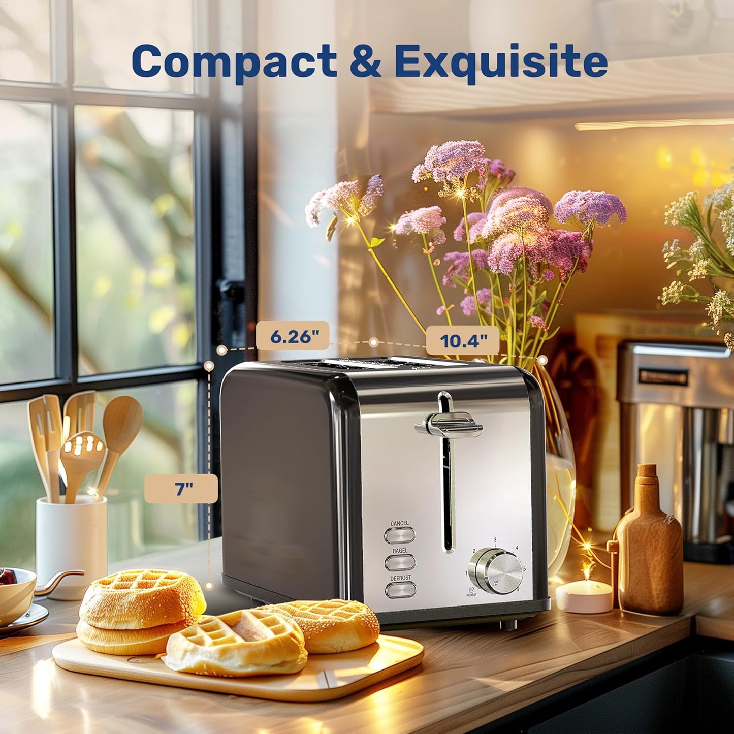 YSSOA 2-Slice Toaster, Retro Stainless-Steel Style with 6 Browning Settings, Extra Wide Slot & Removable Crumb Tray