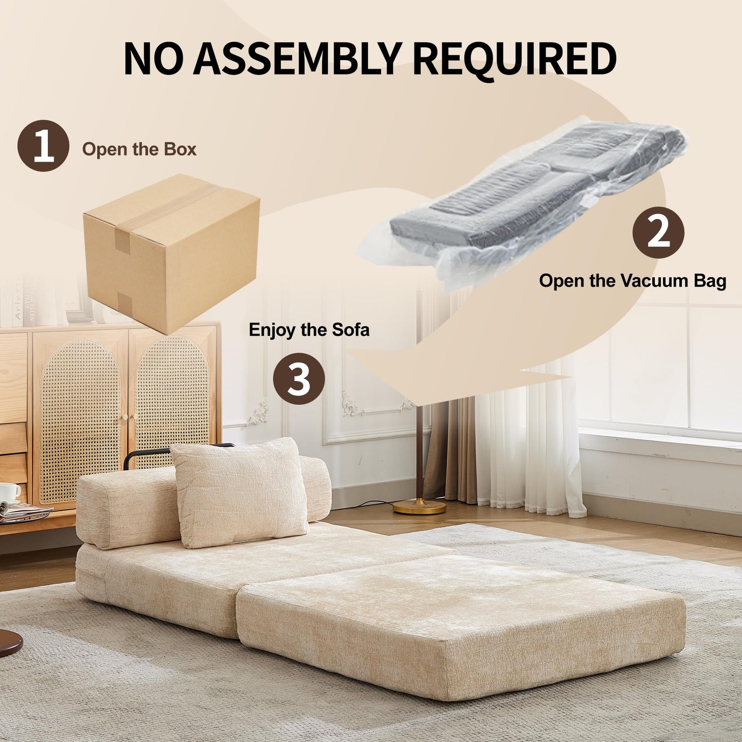 KEIKI Convertible Floor Sofa Bed with Fixed-Shape Frame, Single Seater Boneless Modular Sectional Sofa, No Assembly Required, Compressed Sleeper Couch for Living Room Bedroom, Lounge, Beige