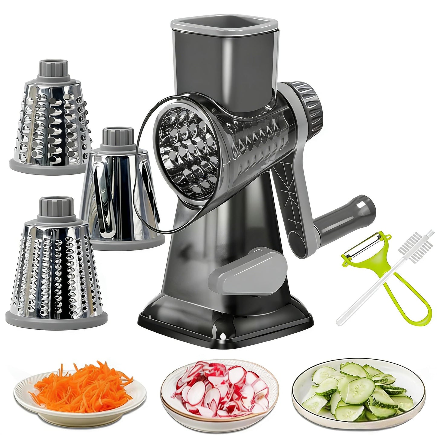 Dachenus Cheese Grater Rotary Cheese Grater,Versatile Cheese Shredder,Blades for Shredding, Grating, Slicing,Cheese Shredder with Suction Base and Cleaning Brush Kitchen Gift (gray)