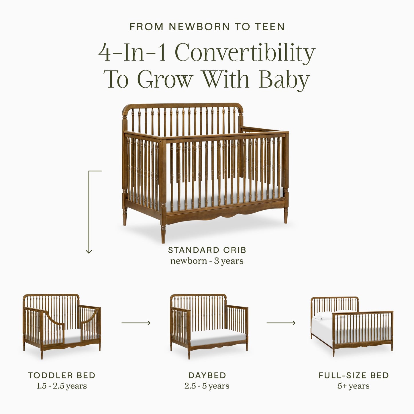 Namesake Liberty 4-in-1 Convertible Spindle Crib, Converts from Full-Size Crib to a Toddler Bed, Daybed, and Full-Size Bed, Easy to Assemble, Greenguard Gold Certified (Natural Walnut)