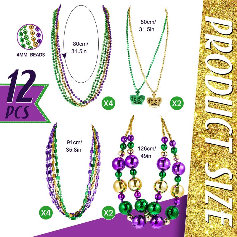 Henoyso 2 Set 50" Jumbo Mardi Gras Beads Necklaces Lighted/unlighted Assorted Costume Necklace Metallic Necklace Party Mardi Gras Decoration for Festival Parades Celebrations Carnival(Luxurious)