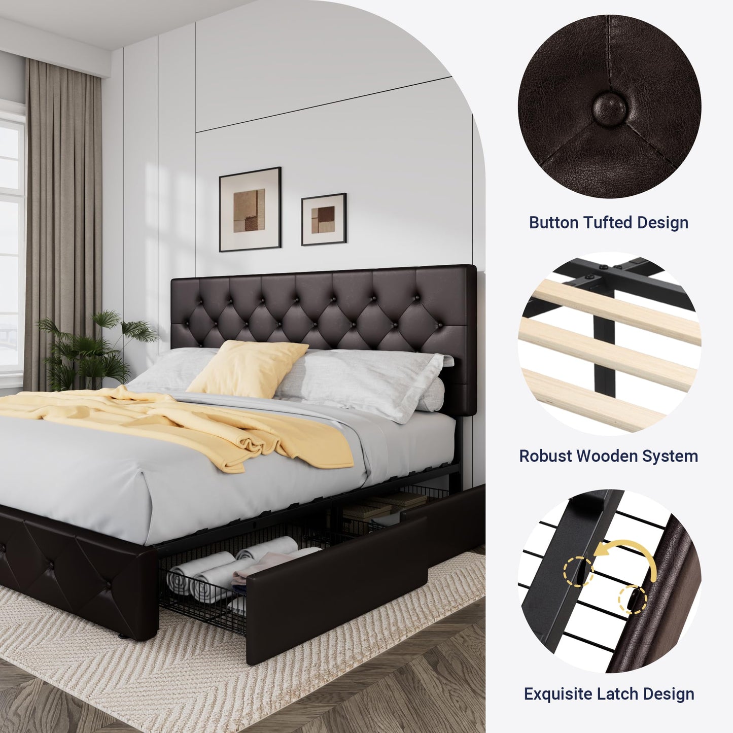 Allewie Upholstered King Size Platform Bed Frame with 4 Storage Drawers and Headboard, Diamond Stitched Button Tufted, Mattress Foundation with Wooden Slats Support, Black Brown