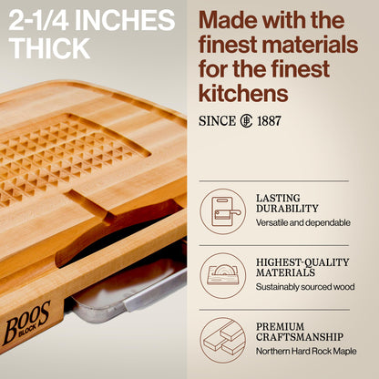 John Boos Maple Wood Cutting Board, 24”x18” – 2.25” Thick, 31-lb Reversible Wooden Butcher Block with Catch Pan, Sloped Juice Groove, Edge-Grain & Finger Grips - Carving Series