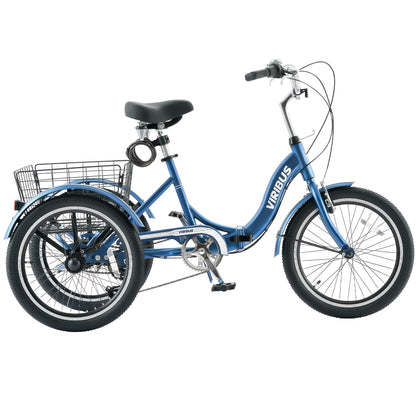 VIRIBUS Folding Tricycle for Adults, 20 inch 7 Speed Foldable Adult Tricycle for Men Seniors with Dual Chain, Folding 3 Wheel Bike with Lock, Collapsible Three Wheel Bicycle 330lb. Blue