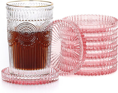 JUXYES 8 Pack Clear Pink Crystal Coasters Round Cup Mat, Glass Coasters for Drinks Coffee Tea Wine, Decorative Wine