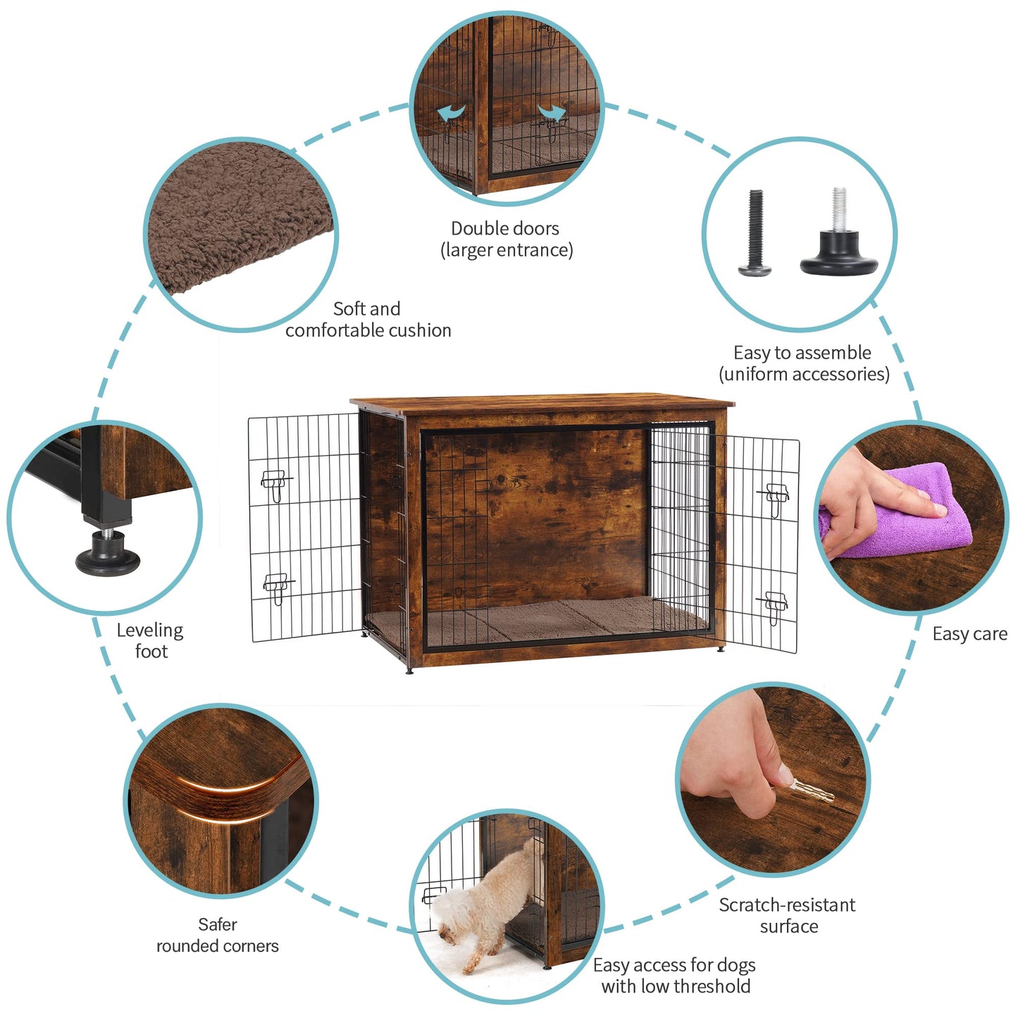 DWANTON Dog Crate Furniture with Cushion, Wooden Kennel Table with Double Doors, Indoor Dog House, Extra Large Size, 43.3" L, Rustic Brown
