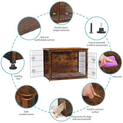 DWANTON Dog Crate Furniture with Cushion, Wooden Kennel Table with Double Doors, Indoor Dog House, Extra Large Size, 43.3" L, Rustic Brown