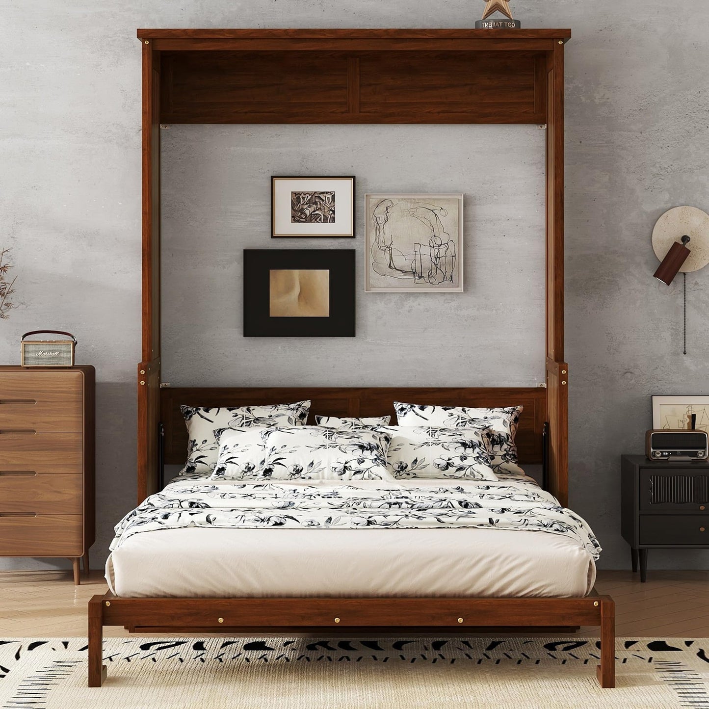 Ball & Cast Queen Size Murphy Bed W/Desk,Horizontal Hidden Wall Bed W/Gas Struts,Space-Saving Murphy Bed Cabinet for Home Office,Apartment,Guest Room,Walnut