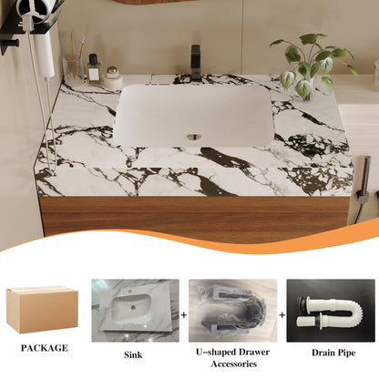 KEIKI 29.9" Bathroom Vanity with Undermount Sink Combo, Modern Floating Vanity Cabinet with 2 Drawers & Open Side Shelves, Storage Wall Mounted Cabinet for Small Space, Walnut Marbe