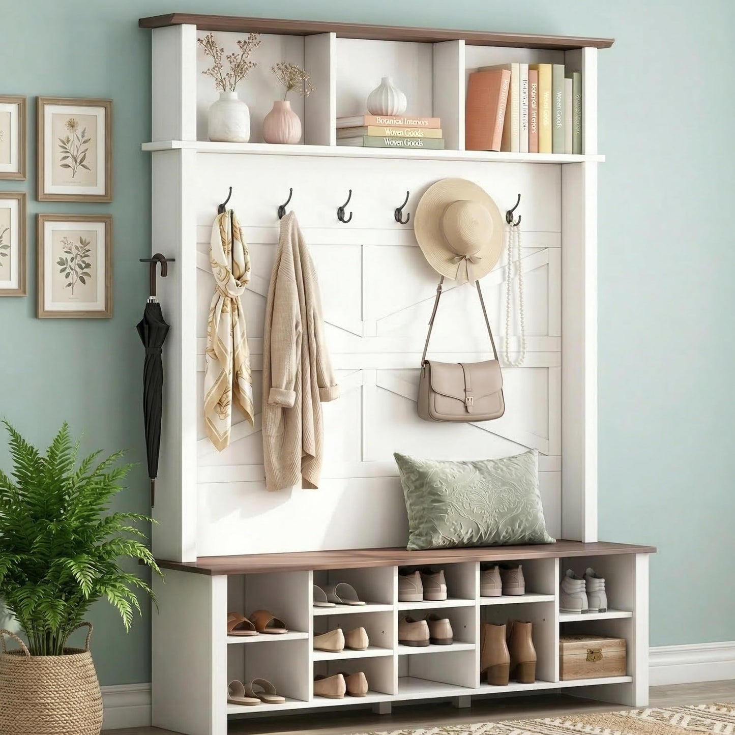 Farmhouse Hall Tree with Bench and Shoe Storage, 4-in-1 Entryway Coat Rack with 6 Hooks, 16-Cube Open Shelves & Adjustable Shelf, Wooden Entry Way Bench with Shoe Storage for Mudroom, Living Room