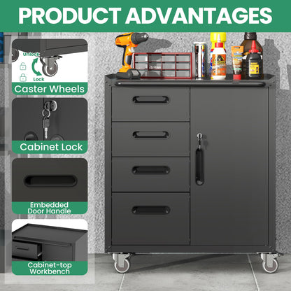 VIYET Garage Cabinets,Metal Garage Storage Cabinet with Wheels,Black Lockable Rolling Tool Cabinet with Drawer and Adjustable Shelves,Heavy Duty Tool Chest for Home Office Utility Room
