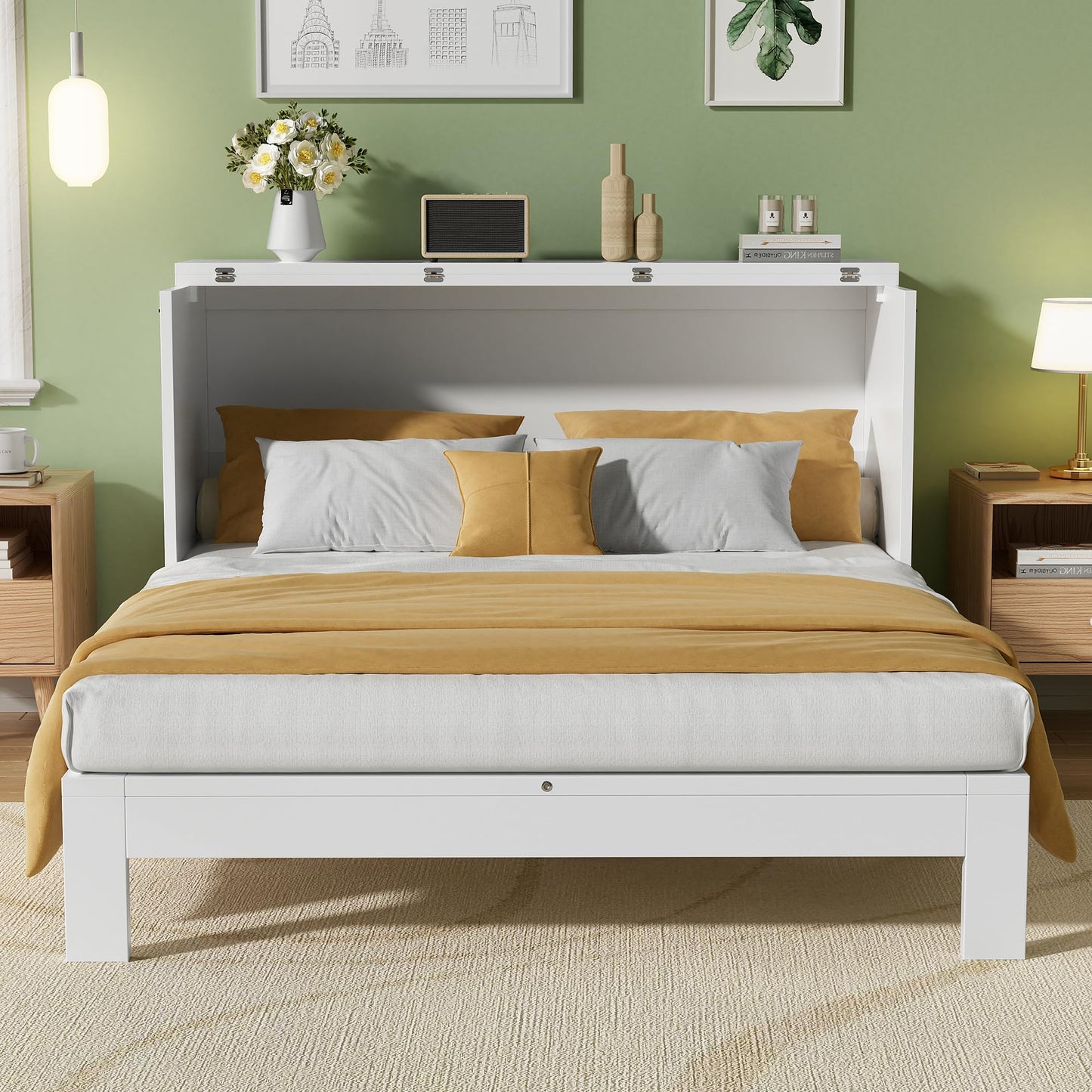PVWIIK Queen Size Murphy Bed with Drawer for Bedroom/Living Room/Small Space,Cabinet Bed Frame/Space Saving Design, No Box Spring Needed,White