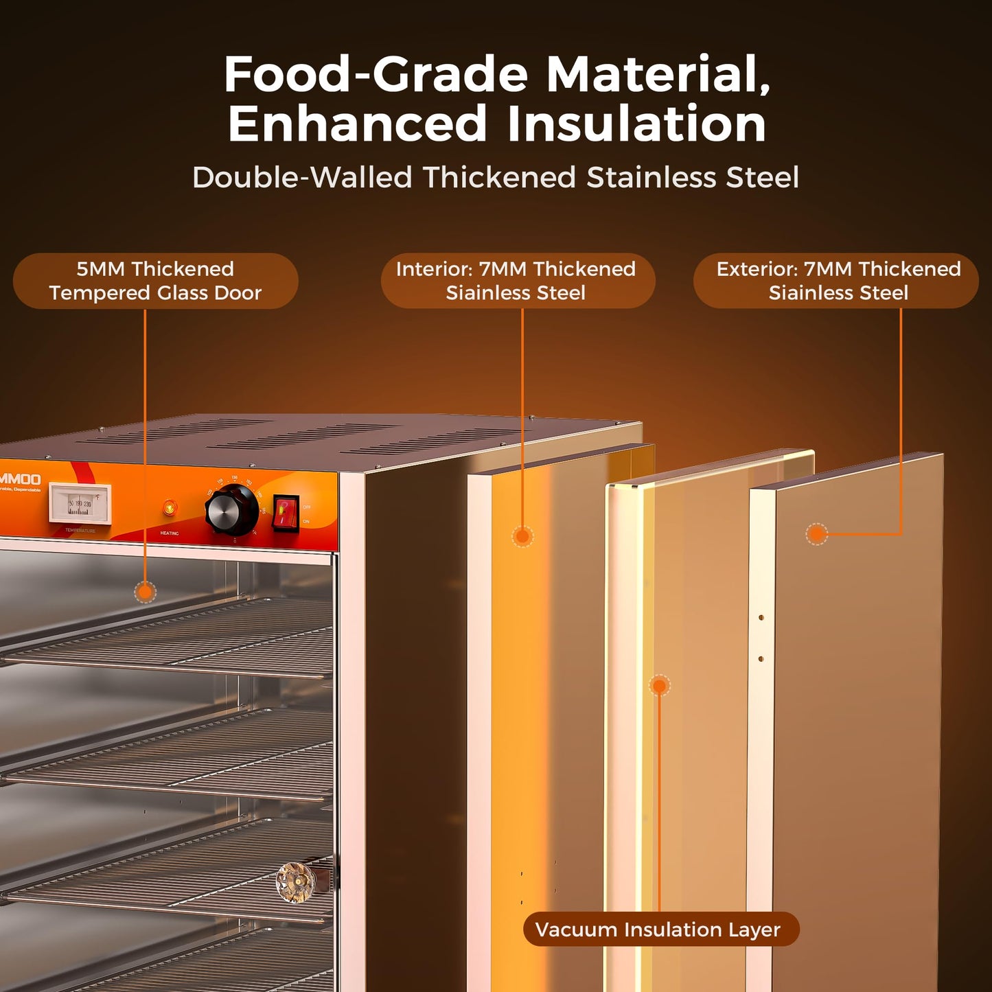 CAMMOO 133Qt 5-Tier 900W Commercial Food Warmer w/ 304 Blued Stainless Steel Heating Element, Single-Tempered Glass Door, Adjustable Shelf, Electric Catering Hot Box Countertop Heated Holding Cabinet