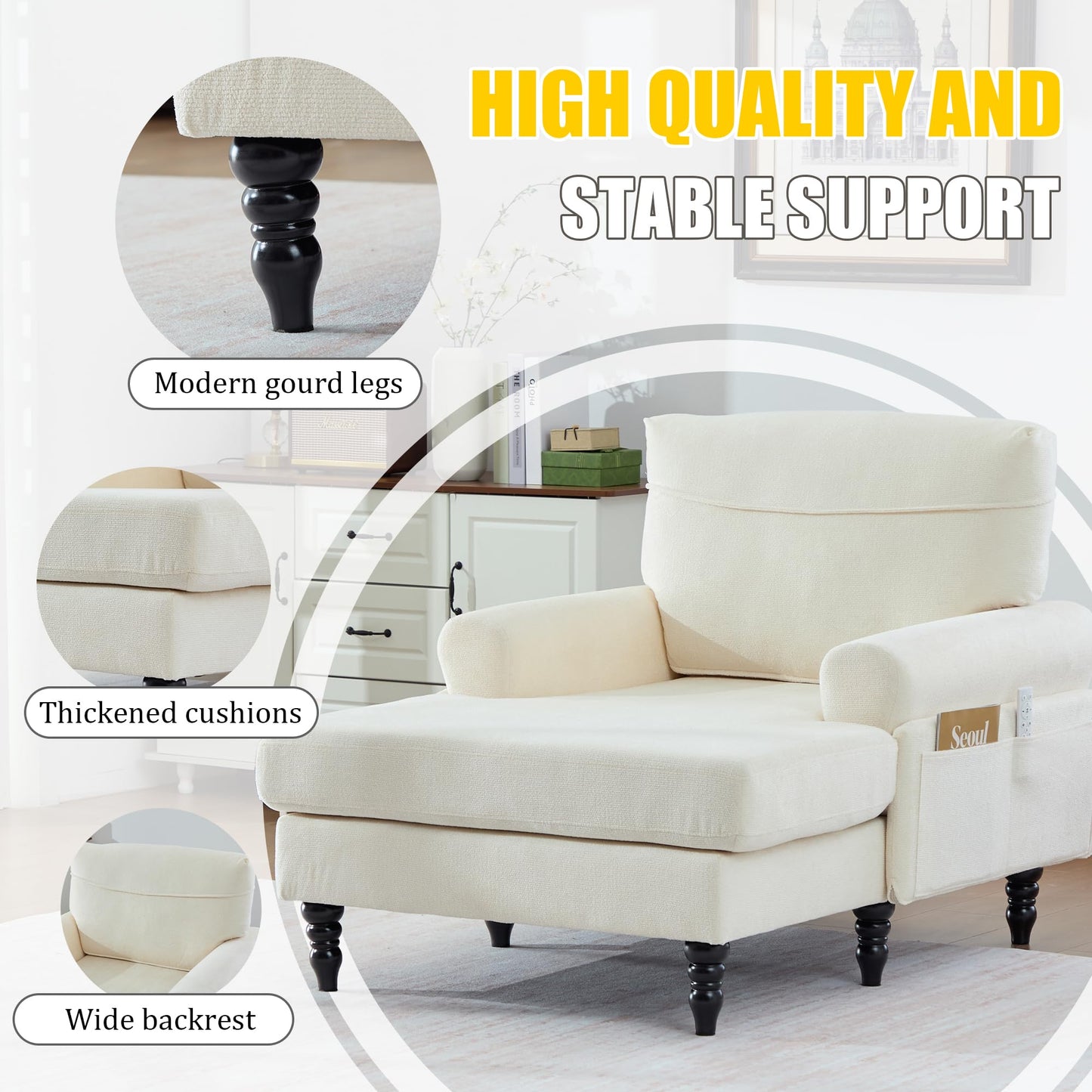 KEIKI Chaise Lounge Chair Indoor, Oversized Accent Chenille Armchair with Storage, Leisure Sleeper Single Sofa Side Chair, Corner Recliner Arm Chairs for Living Room Reading, Easy Assembly, Beige