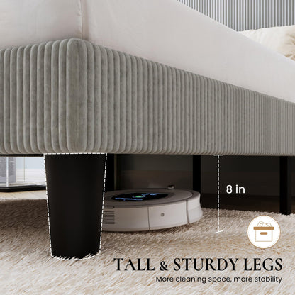 SHA CERLIN King Size Corduroy Upholstered Platform Bed Frame with Vertical Channel Tufted Wingback Headboard, 8" Under Bed Storage, Wooden Slats & Metal Frame Support, Easy Assembly, Light Grey