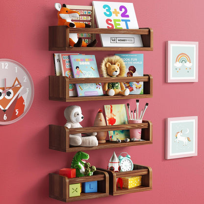 3 2 HOMEY PANDA Wall-Mounted Nursery Bookshelves - Long + Mini Shelves, Kids Room Storage (Walnut Pine Wood)