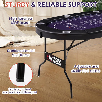 RAYKEEP 71" LED Poker Table - 8 Player Foldable Texas Hold'em Table with Built-in LED Lights, Padded Rails & 8 Cup Holders, Portable Casino Card Table for Home Game Room & Parties