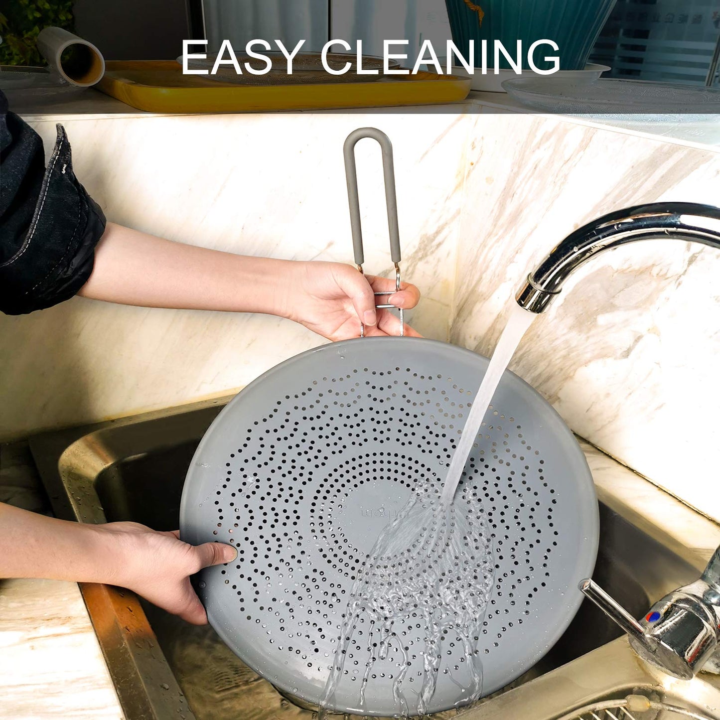 13” Silicone Splatter Screen Pan Cover with Folding Handle, Heat Insulation Cooling Mat, Strainer, Drain Board, Oil Splash Guard for Frying Pan