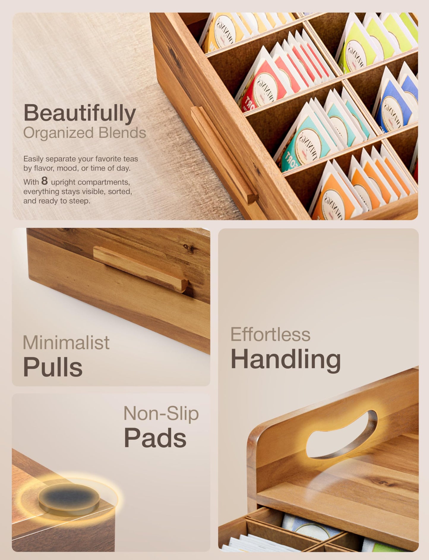 Tinamo Acacia Wooden Tea Box Organizer with Drawer – Tea Chest for Tea Bags Storage – Tea and Coffee Organizer - Wooden Tea Tray and Containers for Countertop Display (Acacia)