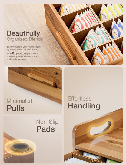 Tinamo Acacia Wooden Tea Box Organizer with Drawer – Tea Chest for Tea Bags Storage – Tea and Coffee Organizer - Wooden Tea Tray and Containers for Countertop Display (Acacia)