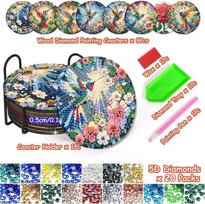 Axquilon Diamond Art Coasters Kit for Adults, 8 Pcs Hummingbirds Diamond Painting Coasters Kit with Holder, DIY Non Slip Art Supplies 4x4in