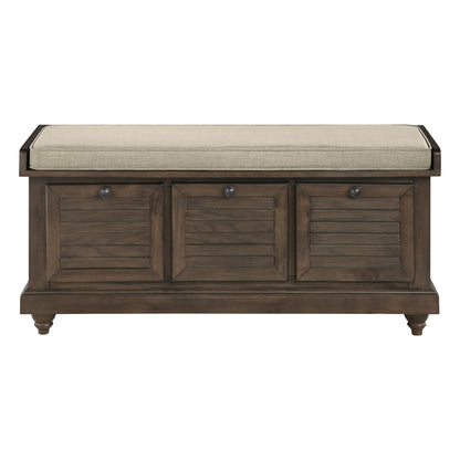 OSP Home Furnishings Dover Coastal Lift-Top Storage Bench with Shutter Face Styling, Dark Walnut Finish with Beige Fabric Cushion