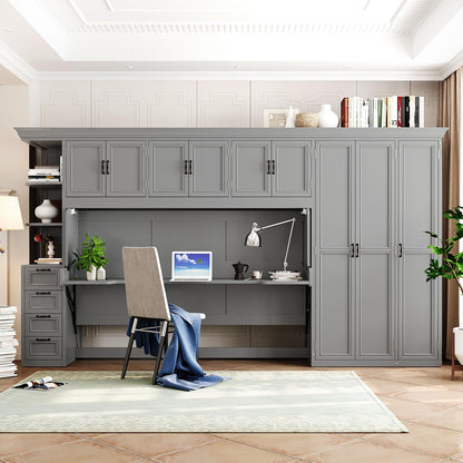 DNYN Murphy Bed with Top Cabinets and Wardrobe, Space-Saving Foldable Wall Bed Frame with Storage Drawers/Shelves/Desk for Bedroom Guest/Study Room, No Box Spring Needed