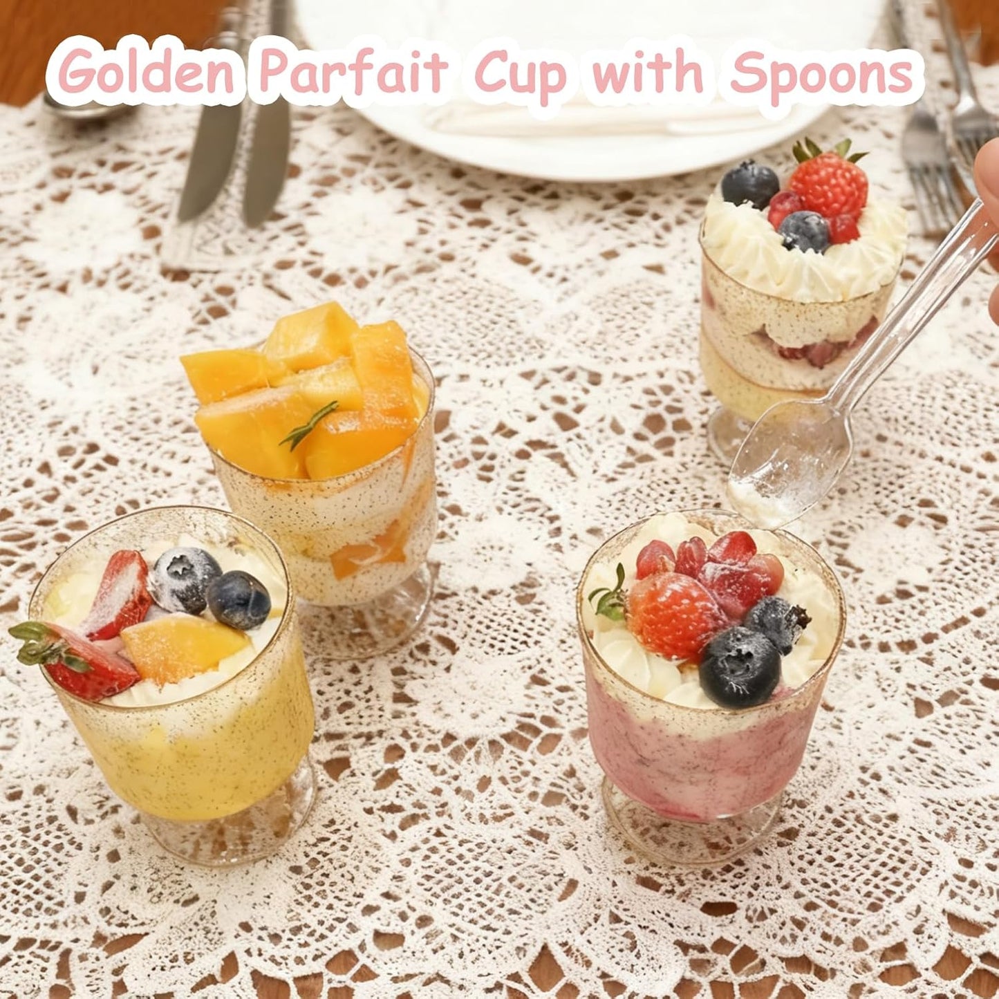 120 Pack 60 Pack Plastic Dessert Cups with Spoons Clear Yogurt Parfait Appetier Cup with Gold Glitter for Party