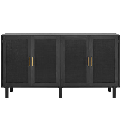 Finnhomy 4 Door Sideboard Buffet Cabinet, Kitchen Storage Buffet with Black Painted Rattan Decorated Doors, Cupboard Console Table, Boho Accent Liquor Cabinet, 62.3X 15.7X 34.6 Inches, Full Black