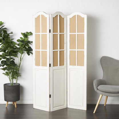Deco 79 Wood Partition Room Divider Screen Hinged Foldable Partition 3 Panel Privacy Screen with Burlap Window Pane Design, Room Partition 48" x 1" x 71", Beige