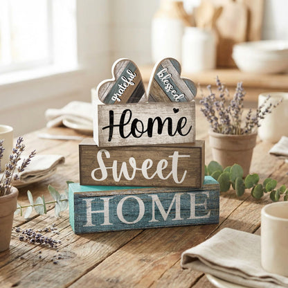 CroBlissful 4 Pcs Farmhouse Wooden Tabletop Decor Sweet Home Tiered Tray Decor Rustic Heart Shaped Centerpiece Farmhouse Block Sign Housewarming Gifts for Home Kitchen Table Shelf Mantel Decoration