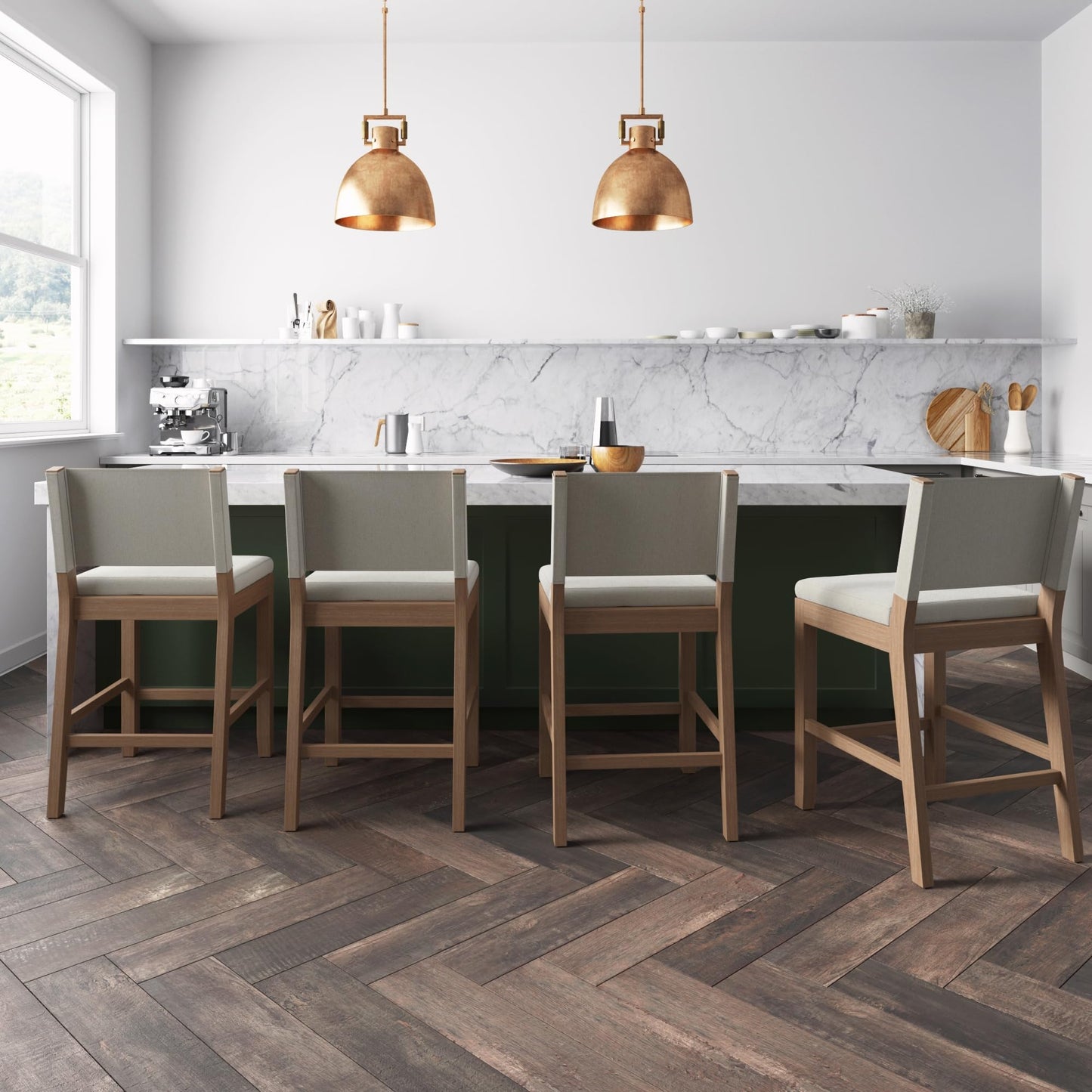 Nathan James Linus Modern Upholstered Counter Height Bar Stool with Back and Solid Rubberwood Legs in a Wire-Brushed Light Brown Finish, Natural Flax/Brown, Set of 4