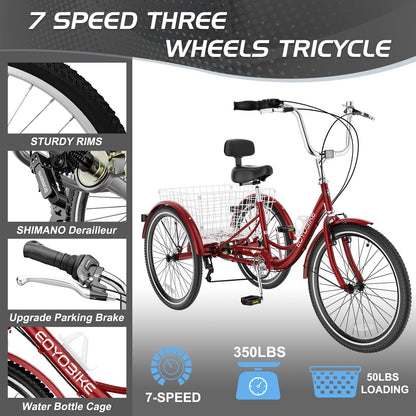 EOYOBIKE Adult Tricycle 3-Wheel Cruiser Bike, Low Step-Through, Heavy-Duty Comfort Trike with Adjustable Handlebar & Spring Saddle, Large Rear Basket, for Seniors & Adults (Merlot Velvet, 20" Tire)