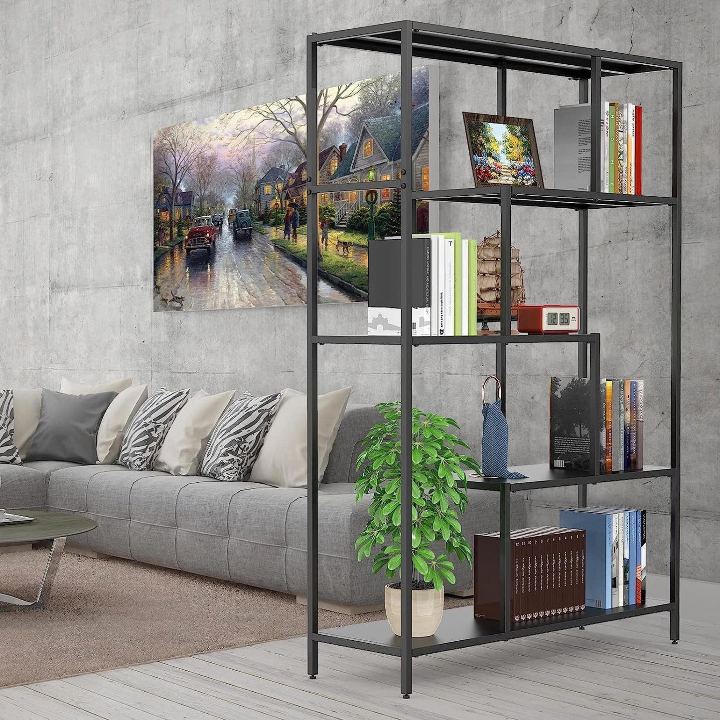WZONICE98 Bookcases 5 Tier Metal Industrial Bookshelf Display Shelves for Living Room Bedroom Kitchen Office Farmhouse Decor Sturdy and Stylish Bookshelves Storage Rack Books Holder Organizer