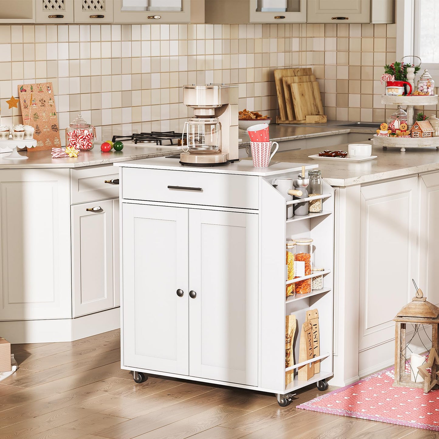 HOOBRO Kitchen Island with Power Outlet, Kitchen Storage Island with Spice Rack and Drawer, Rolling Kitchen Cart on Wheels, for Home, Kitchen and Dining Room, White WT82UZD01G1