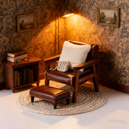 Minamzee 1:12 Dollhouse Couch Furniture Set, 3pcs Dollhouse Living Room Set，Wooden and Leather Armchair ，White Pillow and Beige Round Blanket, Accessories Furniture for Living Room, Bedroom