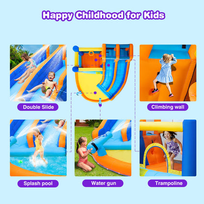 JOYLDIAS Inflatable Water Slide Bounce House,Giant Water Park, Double Slide Bouncer Castle w/Splash Pool, Jump Area, Climbing Wall, 550W Air Blower for Kids Backyard Indoor Outdoor Use,Free Water Gun