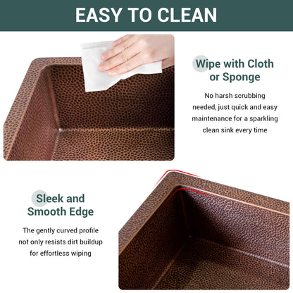 CT Copper Tailor 33" Copper Farmhouse Kitchen Sink 16 Gauge Thick, Hand-hammered Antique Copper 50/50 Double Bowl Sink,Strainer Included