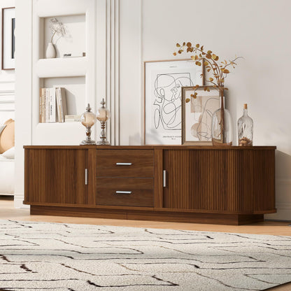 Merax 70.8" Fluted TV Stand for 65-70 Inch TVs, Modern Wood Entertainment Center with Sliding Doors, Storage Drawers, Rounded Corners, Easy-Clean Media Console Cabinet, Antique Brown